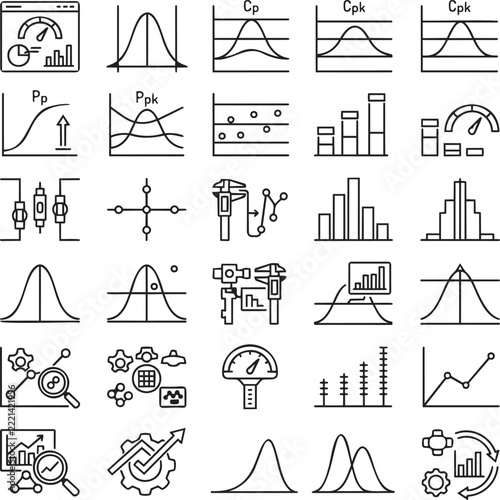 Process Capability Analytics Black Line Icon Set for Statistical Quality Control and Manufacturing Performance