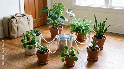 Houseplants Grouped Around Bucket With Cotton Wicks for Watering While on Vacation