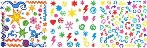 Colorful Abstract Shapes and Symbols Set, Playful Design Elements, Vibrant Vector Illustration for Creative Projects.