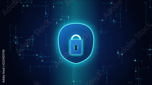 Futuristic cyber security shield loop animation with glowing lock icon on dark digital tech network backgr