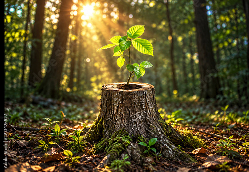 Small green sapling growing from a tree stump in a sunny forest for