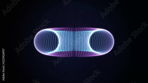Futuristic glowing neon torus spirograph loop animation in cyan and purple line mesh on black background