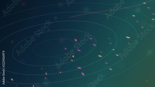 Futuristic glowing oval rings with floating sparkling particles loop on dark teal abstract background