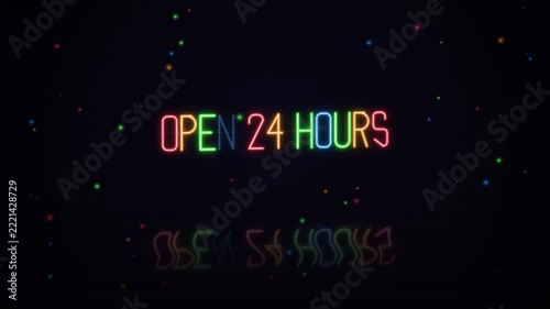 Glowing colorful neon open 24 hours sign animation loop on dark background for business advertisement