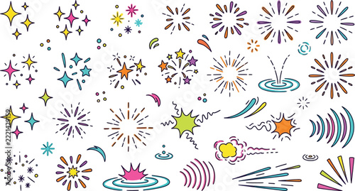 Sparkle doodle set with fireworks, stars, water splash, ripples and sound waves – colorful cartoon vector illustration