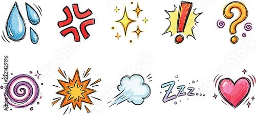 Emotion emoji doodle set with sweat drops, anger marks, heart, sparkles and Zzz – cartoon vector illustration

