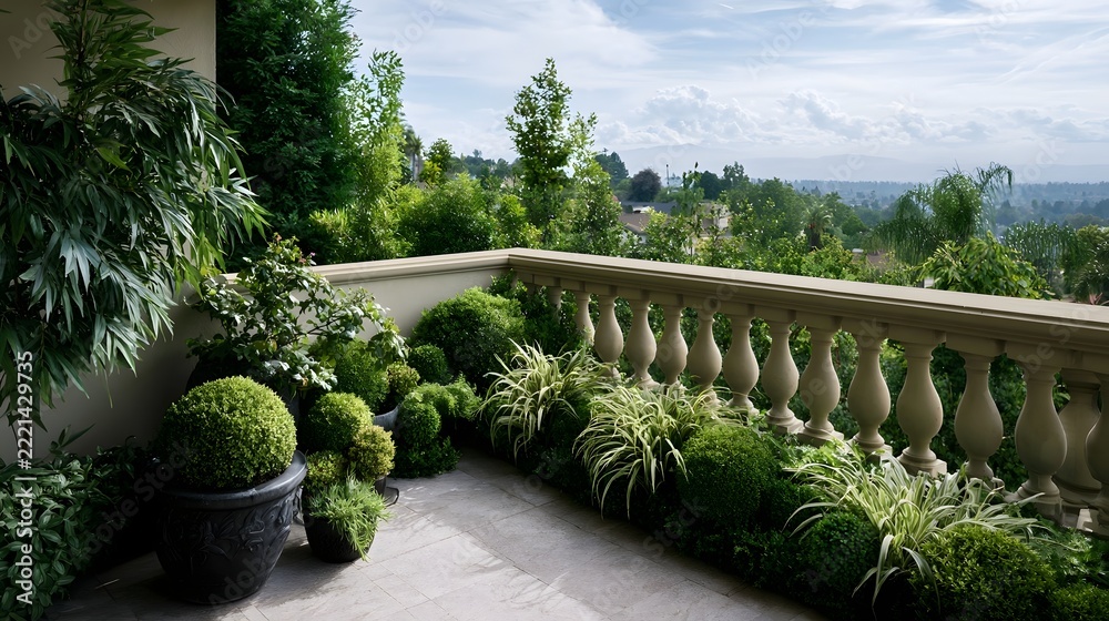 Fototapeta premium A lush balcony garden with manicured shrubs potted plants and a stone balustrade overlooking a green landscape under a partly cloudy sky
