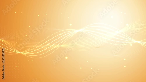 Glowing golden wave lines moving across warm orange background with shimmering floating bokeh particles