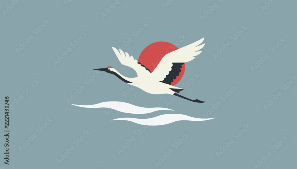 Fototapeta premium Elegant crane bird in flight against a bright red sun over waves captures traditional Japanese art styles and peaceful nature scenes.