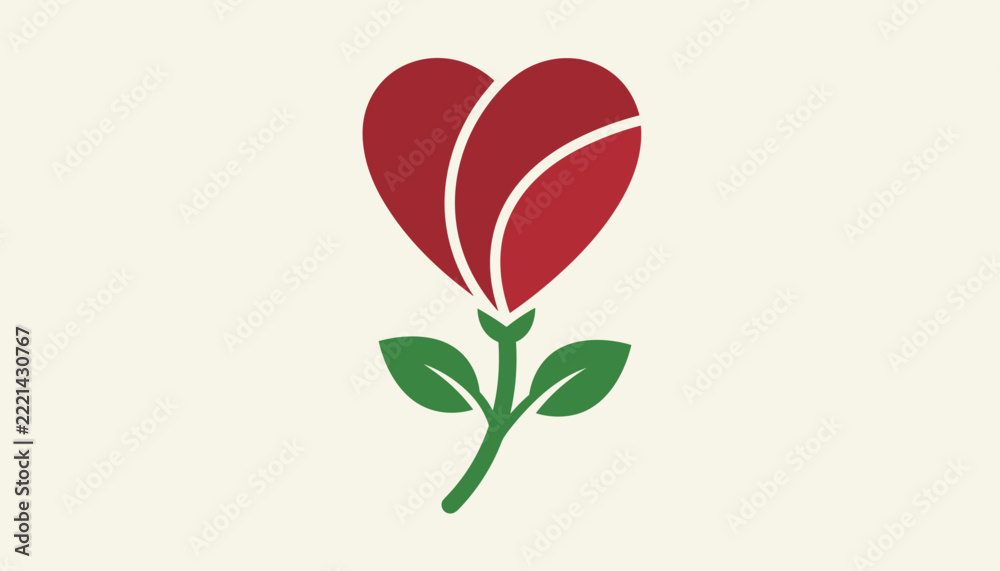 Fototapeta premium Red rose flower bud shaped like a heart with green leaves represents romantic love, valentines day, and delicate floral beauty.
