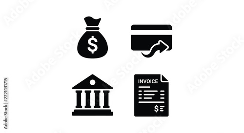 Financial icons depicting money bag credit card bank building and invoice on a white background