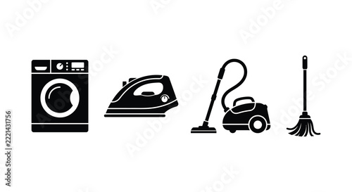Black silhouettes of a washing machine iron vacuum cleaner and broom on a white background