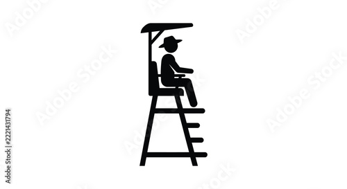 Lifeguard chair silhouette depicts a seated figure with a sunshade against a white background
