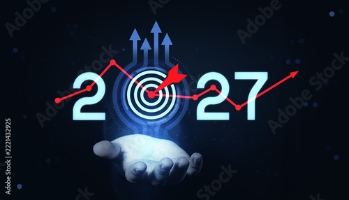 Creative 2027 forecast with rising trend arrows, target symbol, and glowing numerals for future business growth and new year strategy background.