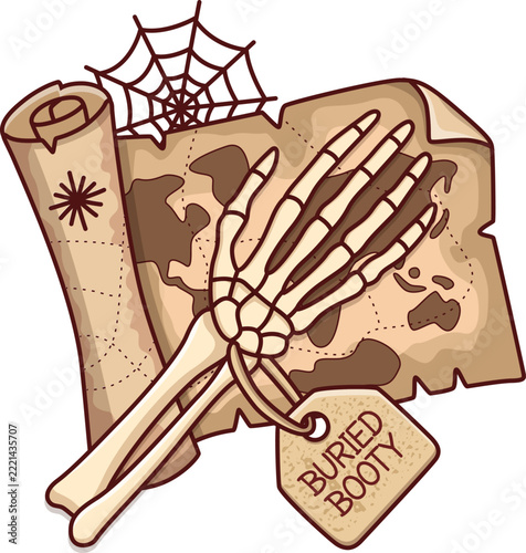 Pirate Skeleton Hand with Vintage Treasure Scroll Map and Spiderweb Isolated Vector Illustration