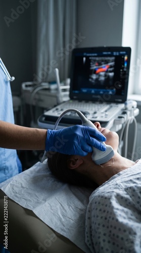 Doctor in blue gloves performs an ultrasound check on the neck of a patient at a clinic during the pandemic.