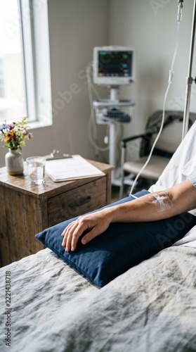 Patient receives intravenous drip treatment in a hospital room during a pandemic. A monitor tracks health progress near a bedside table with flowers and water.