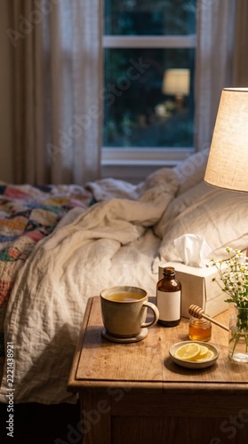 Hot tea with honey and lemon sits on a bedside table beside tissue box and medicine during a pandemic virus recovery at home. The room is dim and quiet during the evening as one rests in the cozy bed.