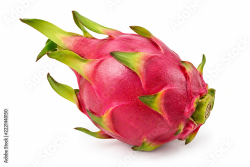 Fresh whole dragon fruit with vivid natural pink skin and green scales, realistic surface texture, isolated on pure white background, soft studio lighting, commercial food photography