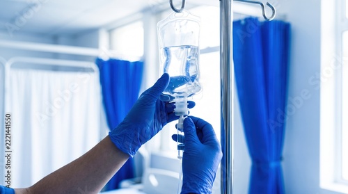 Antiviral medical measures and home healthcare scene. A healthcare worker adjusts an intravenous IV drip to administer fluids to a patient.