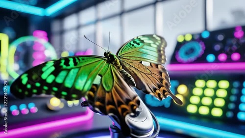 Futuristic robotic butterfly perched on glowing electronic control panel.