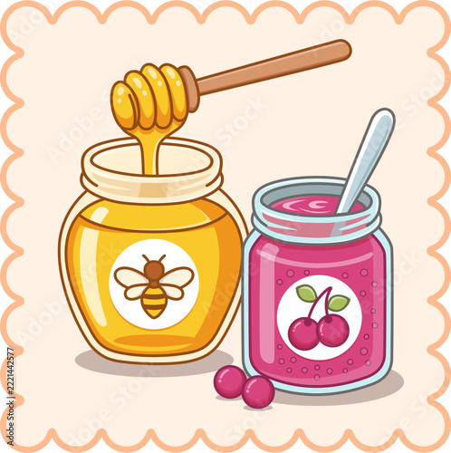 Delicious Honey Jar and Fruit Berry Jam Glass Jars Bakery Vector Illustration