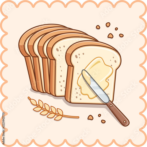Delicious Sliced Toast Bread Loaf with Buttered Slice Isolated Vector Illustration