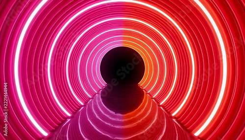 Glowing Neon Concentric Rings Tunnel in Pink and Red Abstract Background