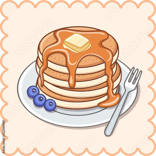 Fluffy Pancakes Stack on Plate with Fresh Blueberries and Syrup Vector Illustration