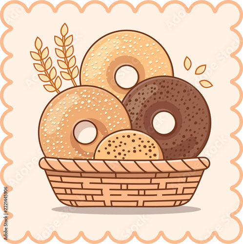 Freshly Baked Assorted Bagels in Woven Basket with Wheat Ears Vector Illustration