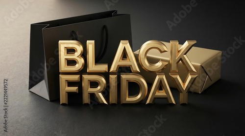 Golden Black Friday text with black paper shopping bag and wrapped gift box on dark background for retail promotion.