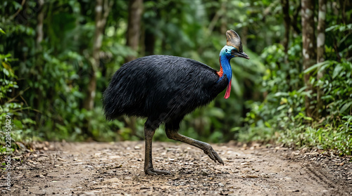 Southern cassowary bird walking on a path in the rainforest