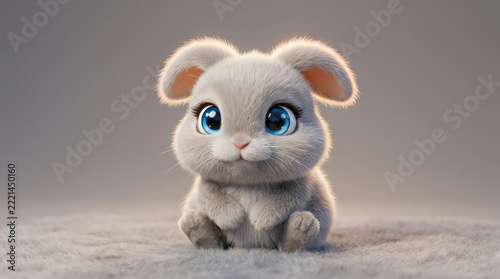 Cute fluffy baby bunny with big blue eyes sitting
