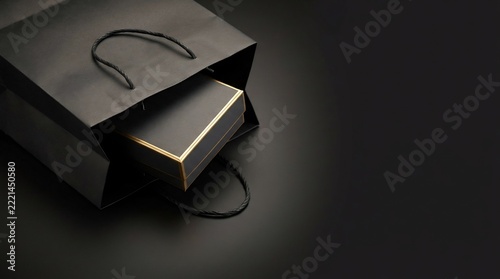 Luxury Black Paper Shopping Bag with Elegant Gift Box on Dark Surface Mockup.