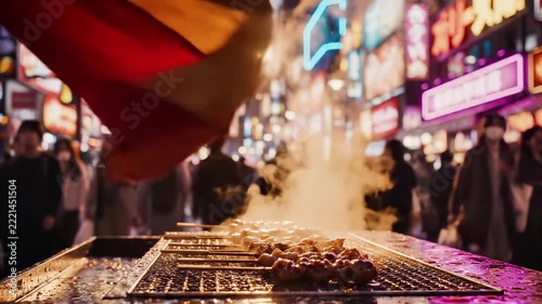 Grilled street food skewers cooking in vibrant neon city.
