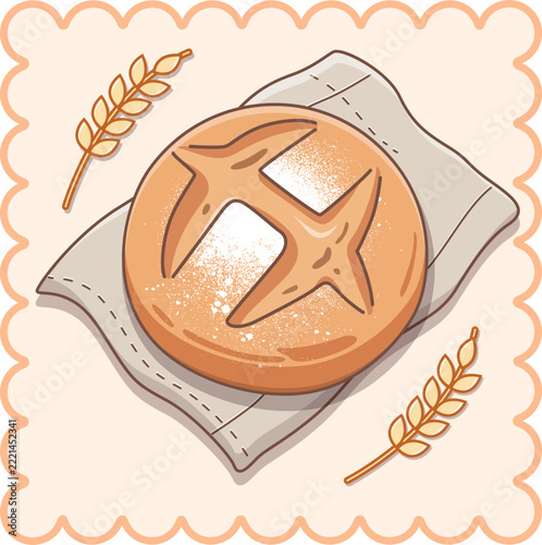 Rustic Round Sourdough Bread Loaf with Flour Dusting and Wheat Stalks Vector Illustration