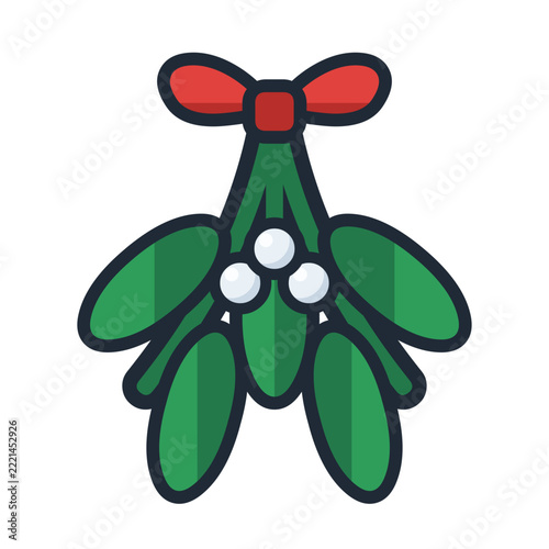 Mistletoe with white berries and red bow icon with outline