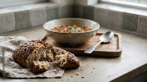 Torn bread and leftover soup on a rainy kitchen counter