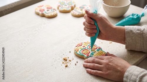 Piping bright icing onto sugar skull cookies