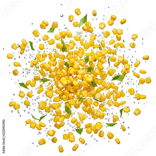 Delicious fresh corn kernel vegetable splash with water