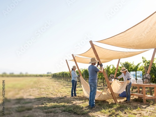 People setting up shade tent in vineyard for southern hemisphere holiday heat safety