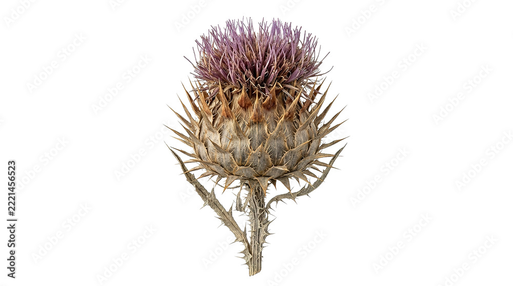 Fototapeta premium Close-up of a vibrant purple and brown thistle bloom against black background