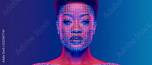 Close-up of an enigmatic African American woman's face illuminated by vibrant neon lights, showcasing a dynamic projection of binary code, symbolizing artificial intelligence, data, digital