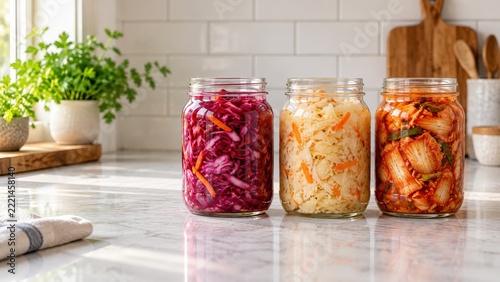 Three glass jars filled with colorful homemade fermented vegetables on kitchen countertop