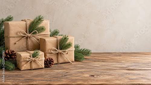 Festive Christmas Gift Boxes with Pine Branches and Pinecones on Wooden Table