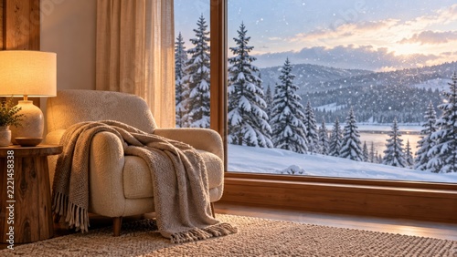 Cozy Living Room with Large Window Overlooking Snowy Mountain Landscape