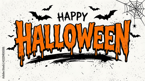 Scary dripping orange happy halloween text with bats