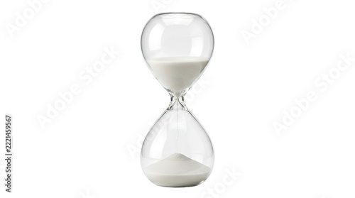 Transparent hourglass with flowing white sand on white background
