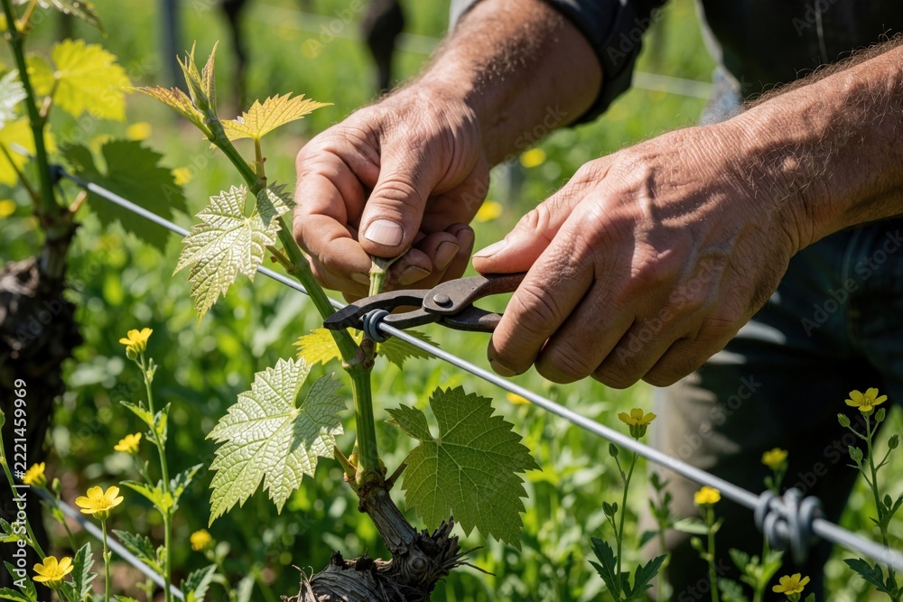 Fototapeta premium Farmer hands use tapener tool to tie young grapevine shoots to metal support wire. Worker performs vineyard maintenance, plant care in sunny field. Manual agricultural labor ensures healthy grape