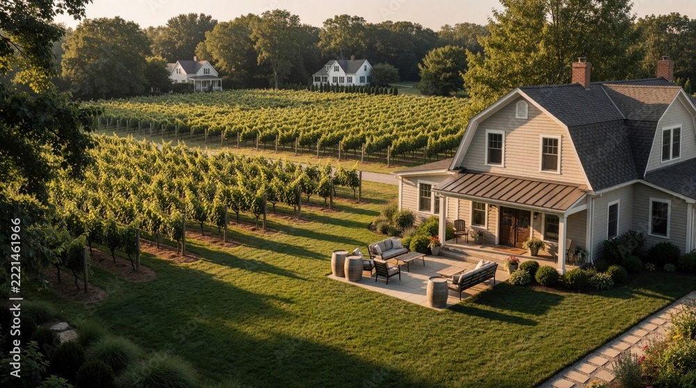 Fototapeta premium Modern luxury farmhouse with vineyard in backyard. Large residential estate features wine tasting room, green grape vines. Sunny morning view of beautiful country home with garden patio, outdoor